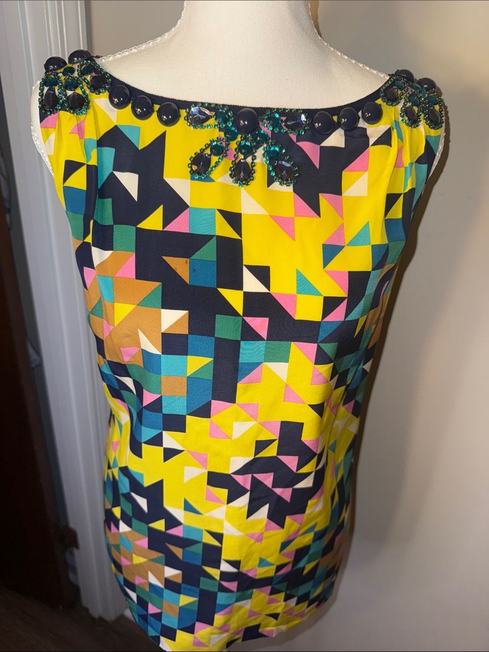 Tory Burch Yellow Multi Beaded Geometric Shell Top
